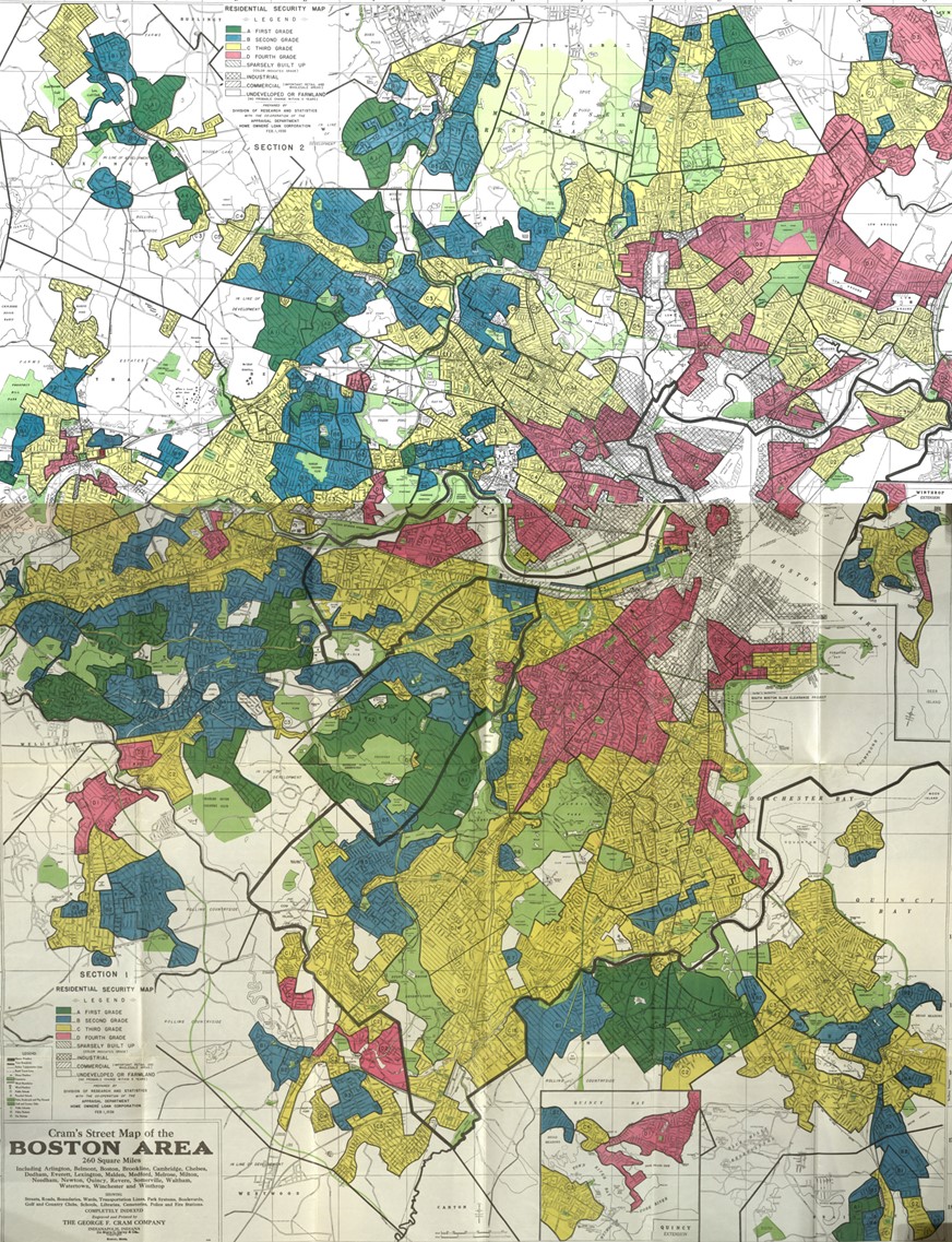 Map of 1930s greater Boston with neighborhoods color-coded